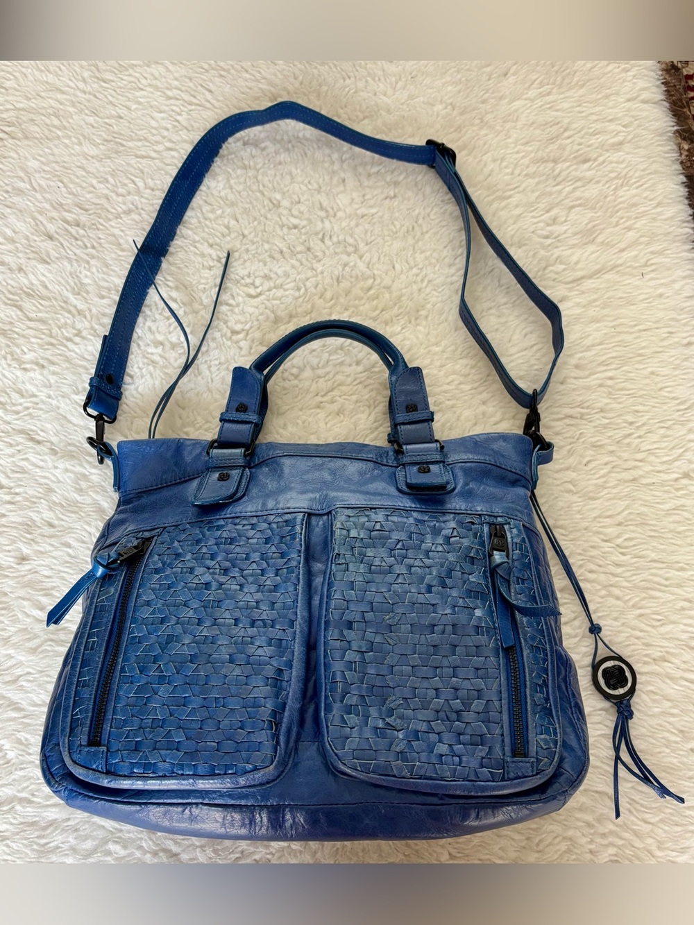 Elliott Lucca Genuine Blue Woven Leather Satchel/Shoulder Bag size 14”x12x5” L